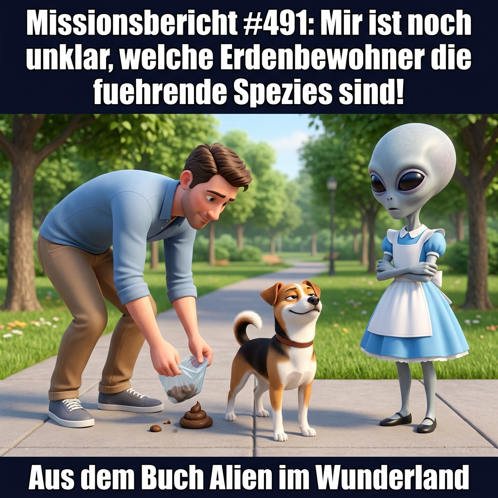 Kirk-Meme: Ein Alien beobachtet einen Menschen, der Hundekot aufsammelt, und fragt sich, welche Spezies hier eigentlich die fuehrende ist &ndash; aus dem Roman Alien im Wunderland